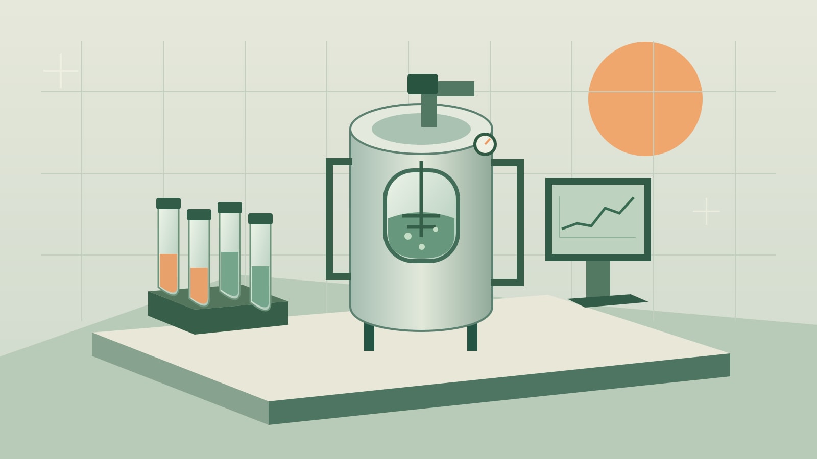 Illustration von Bioprozessanlage, Probenröhrchen und Labormonitor